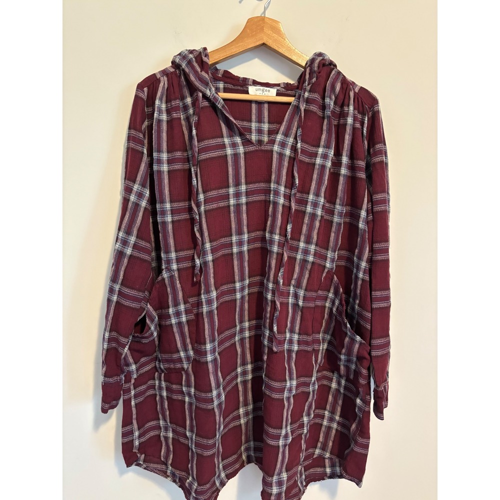 Umgee USA Burgundy Plaid Hooded Tunic Top Oversized Cotton Boho Womens S
